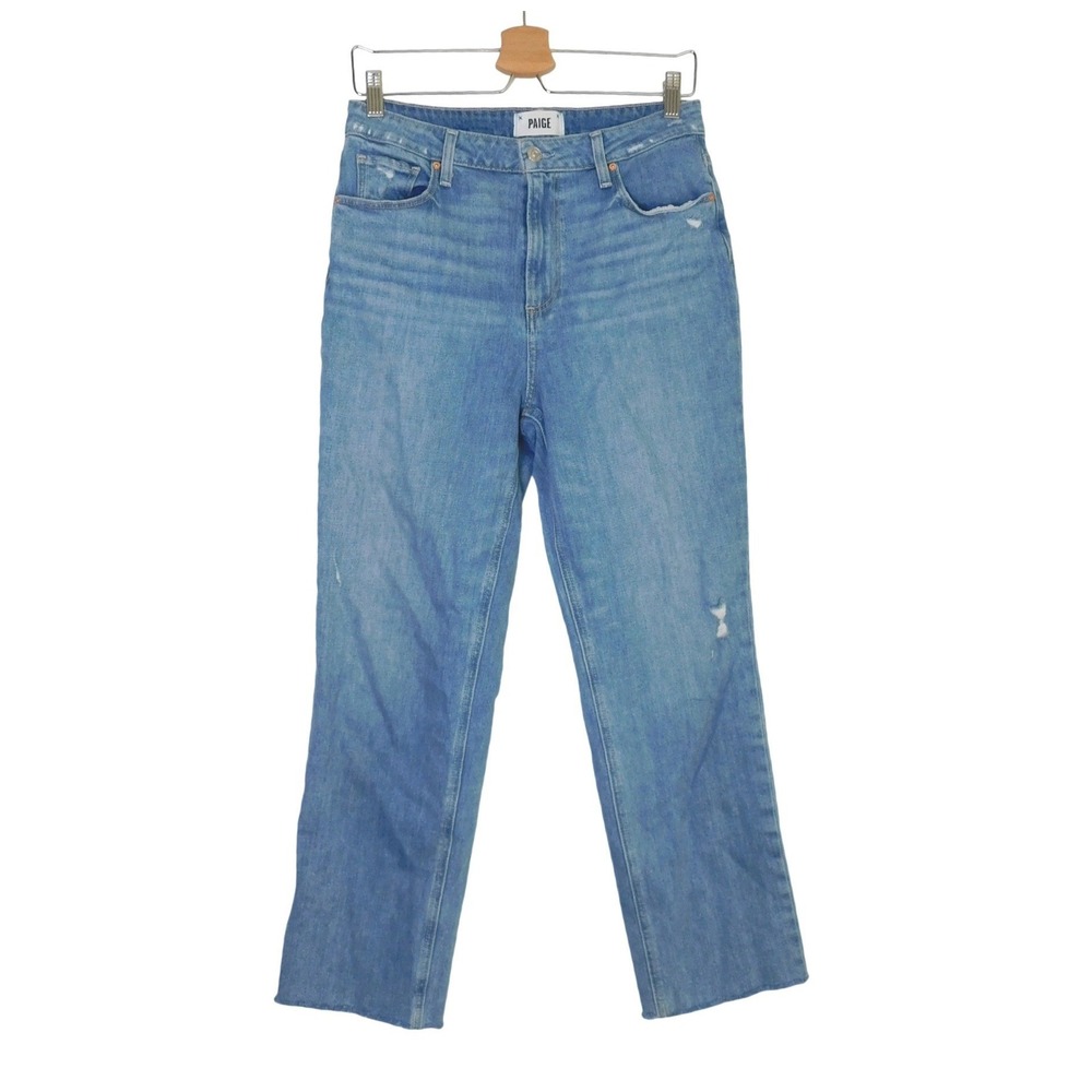 PAIGE Sarah Straight Ankle Jeans Medium Wash High Rise Distressed Raw Hem 29